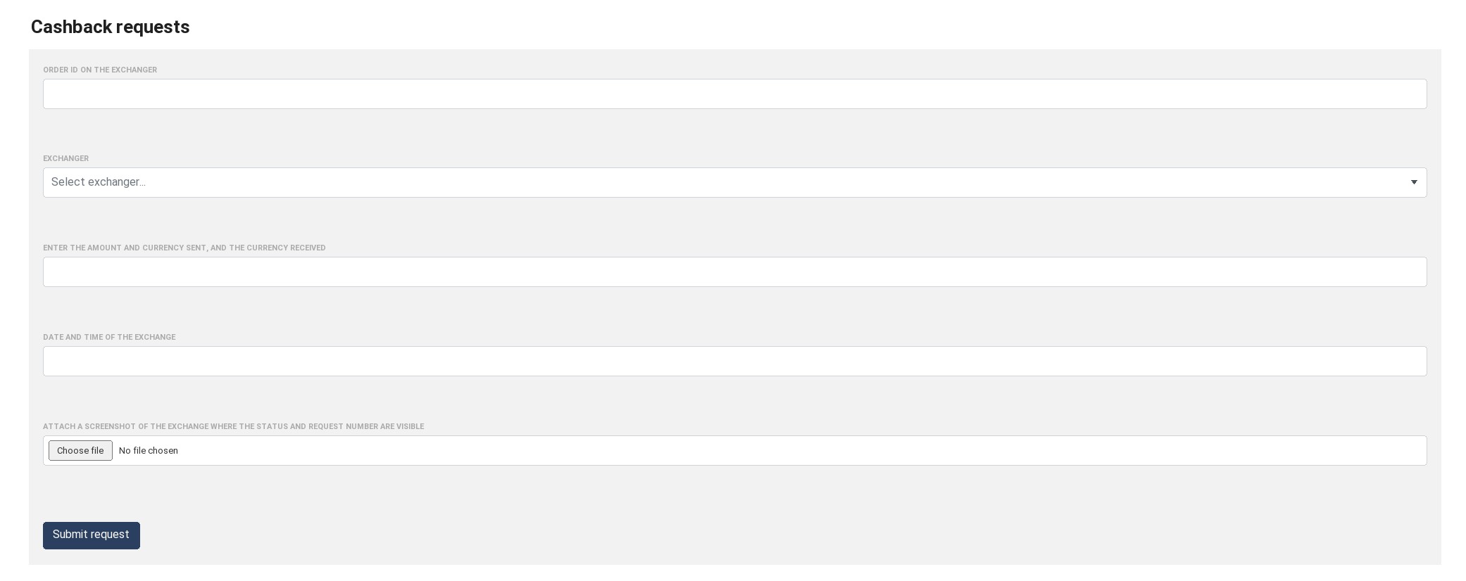 Cashback request form