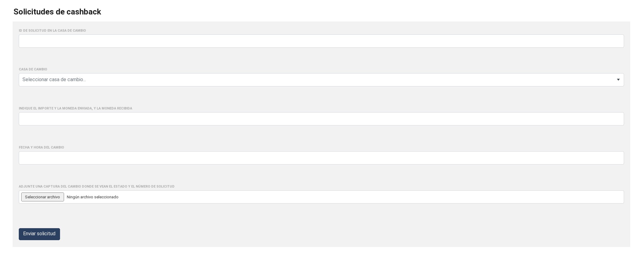 Formulario de solicitud de cashback